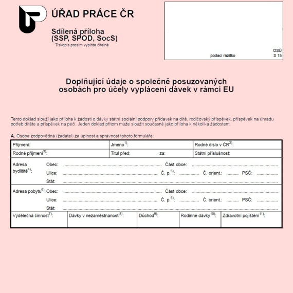 Formulář: Doplňující údaje o společně posuzovaných osobách pro účely vyplácení dávek v rámci EU